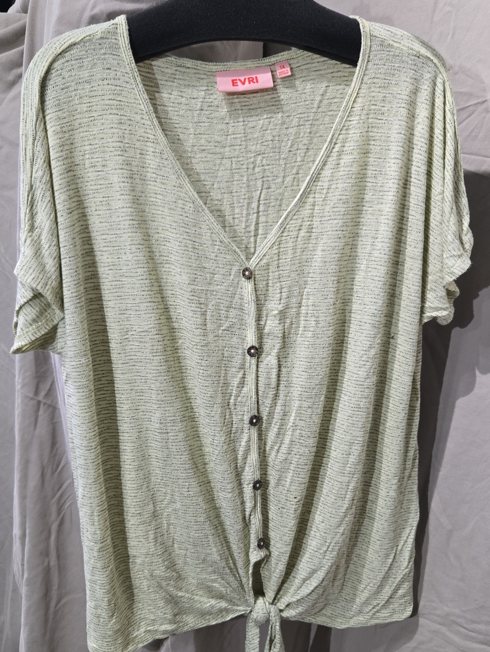 EVRI Light Sage Button-Front Tie Hem V-Neck Top